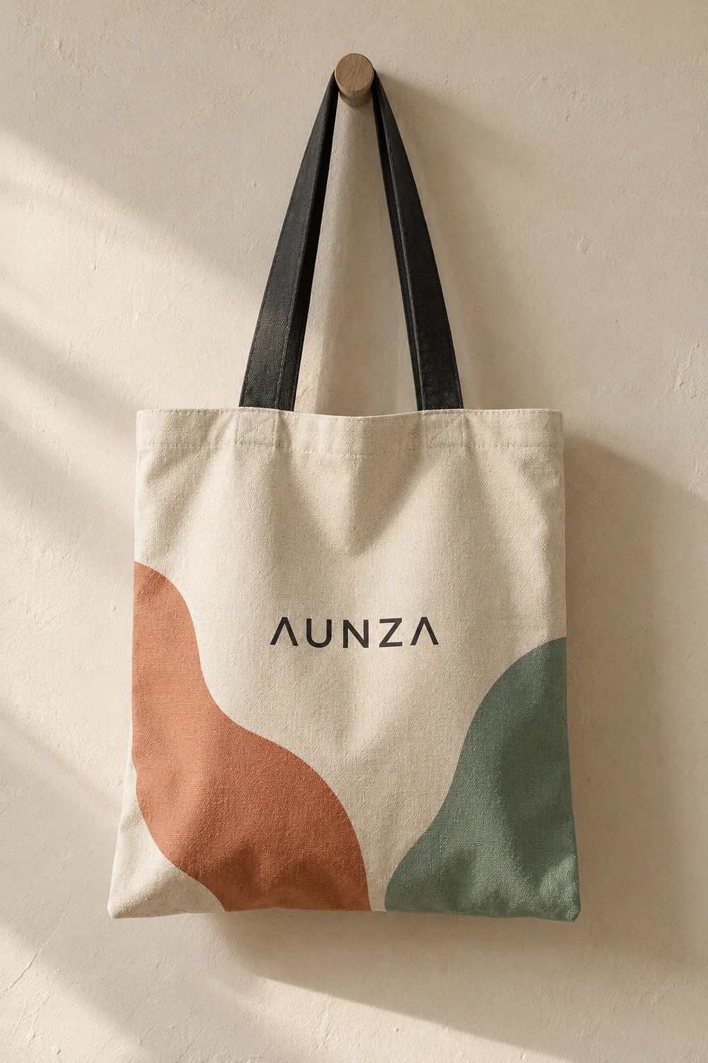Bolsa de lona natural con formas en terracota y salvia y el logotipo de AUNZA