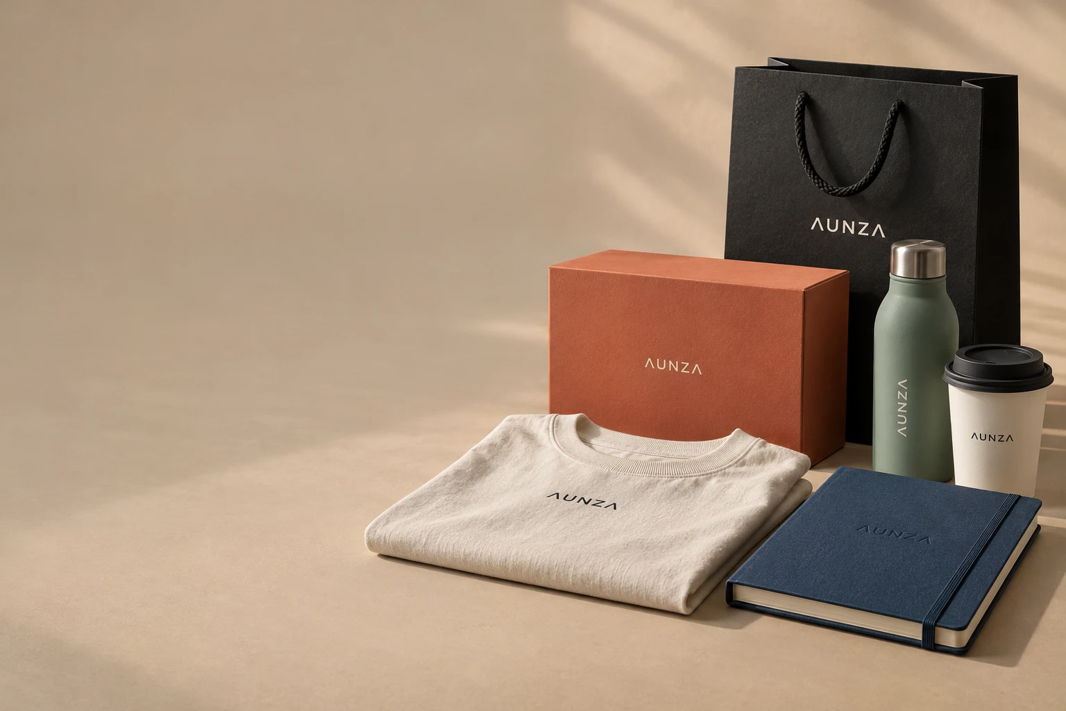 Composición de productos AUNZA: bolsa, vaso de café, caja, botella, cuaderno y camiseta